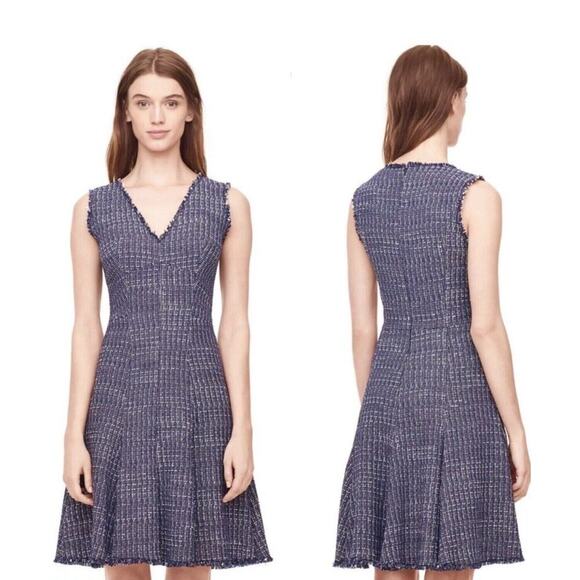 Rebecca Taylor Tweed Fit And Flare Dress Size 8 Navy Pink Raw Hem A Line Dress - Picture 1 of 13